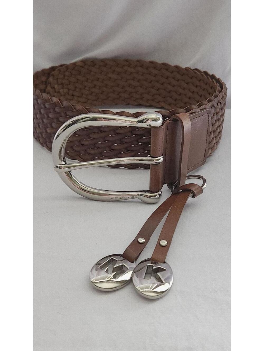 Small Michael Kors Woven Leather Belt w/MK medallions Key chain